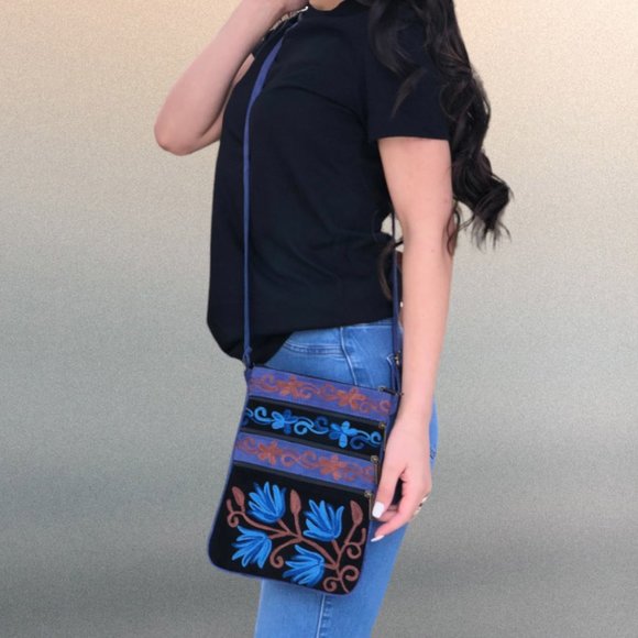 Black and Blue Hip Cross Body Purse with Flowers - Picture 2 of 3